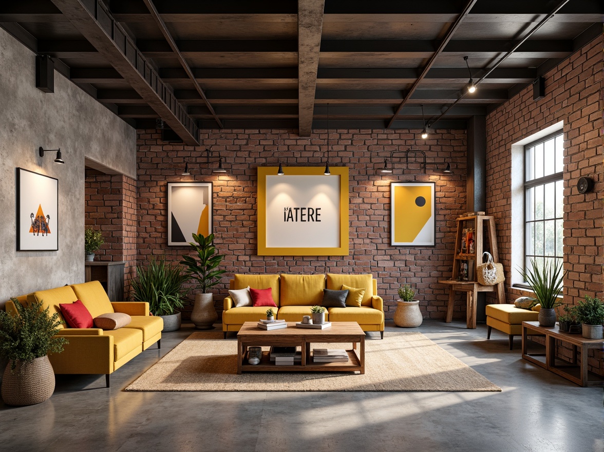 Prompt: Industrial background, exposed brick walls, raw concrete floors, metal beams, minimalist decor, functional furniture, primary color accents, geometric patterns, bold typography, natural textiles, woven baskets, handmade ceramics, distressed wood, vintage machinery, urban atmosphere, soft diffused lighting, shallow depth of field, 1/1 composition, realistic materials, ambient occlusion.