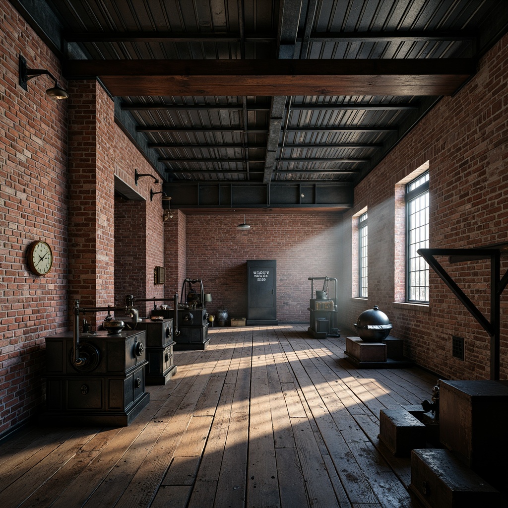 Prompt: Industrial factory setting, exposed brick walls, metal beams, worn wooden floors, vintage machinery, distressed textures, earthy tones, muted colors, rusty reds, weathered blues, faded yellows, industrial greys, urban atmosphere, gritty realism, high contrast lighting, dramatic shadows, cinematic composition, 1/2 camera angle, realistic renderings, ambient occlusion.