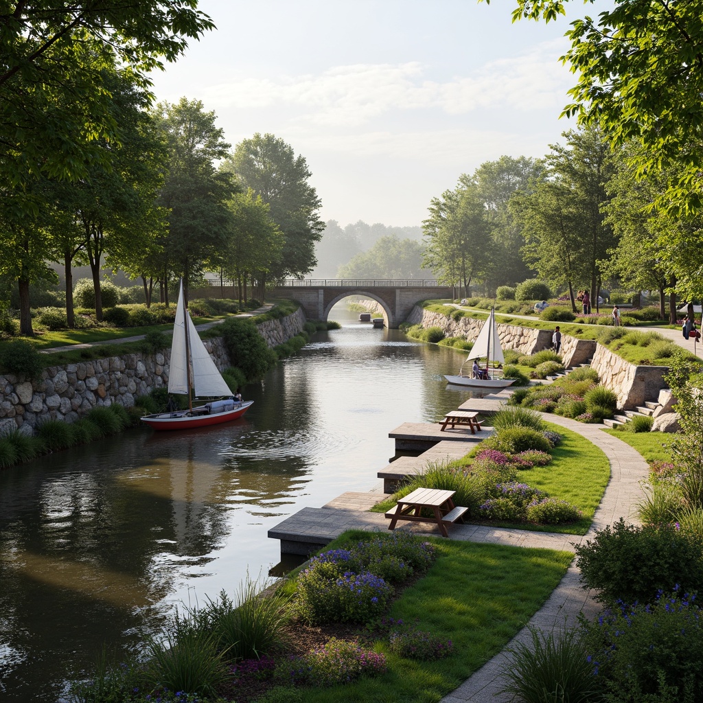 Prompt: Riverbank landscape, serene water flow, lush green vegetation, natural stone walls, wooden docks, sailboats, kayaks, paddleboards, scenic walking paths, benches, picnic areas, vibrant flowers, blooming trees, sunny day, soft warm lighting, shallow depth of field, 3/4 composition, panoramic view, realistic textures, ambient occlusion, gentle river breeze, misty atmosphere, rustic wooden bridges, meandering river streams, tranquil water reflections.