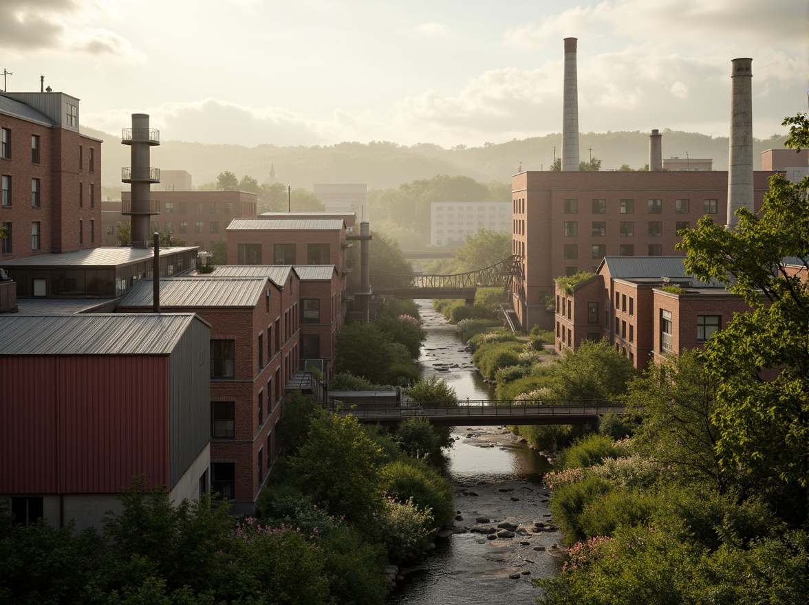 Prompt: Industrial factory complex, rustic brick buildings, corrugated metal roofs, worn concrete walls, vintage machinery, abandoned chimneys, overgrown vegetation, wildflowers, meandering streams, misty atmosphere, soft warm lighting, shallow depth of field, 3/4 composition, panoramic view, realistic textures, ambient occlusion, regionalism-inspired architecture, modern industrial design, functional spaces, exposed ductwork, metal catwalks, reclaimed wood accents, earthy color palette, natural stone pathways, weathered steel bridges.