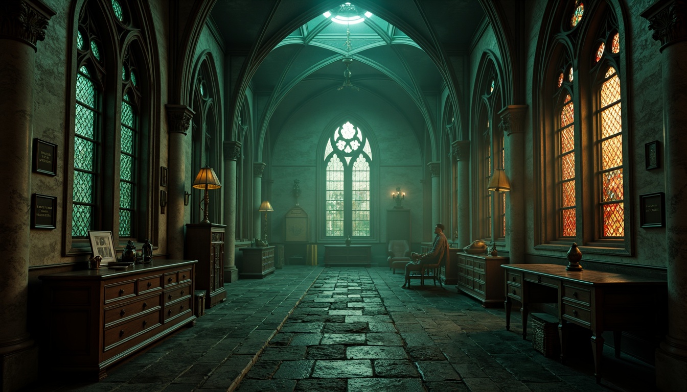 Prompt: Mysterious clinic interior, Gothic architectural style, dark stone walls, vaulted ceilings, stained glass windows, intricate carvings, ornate furnishings, rich wood tones, deep crimson reds, midnight blues, eerie greens, warm golden lighting, dramatic shadows, high contrast ratio, cinematic composition, atmospheric fog, mysterious ambiance.