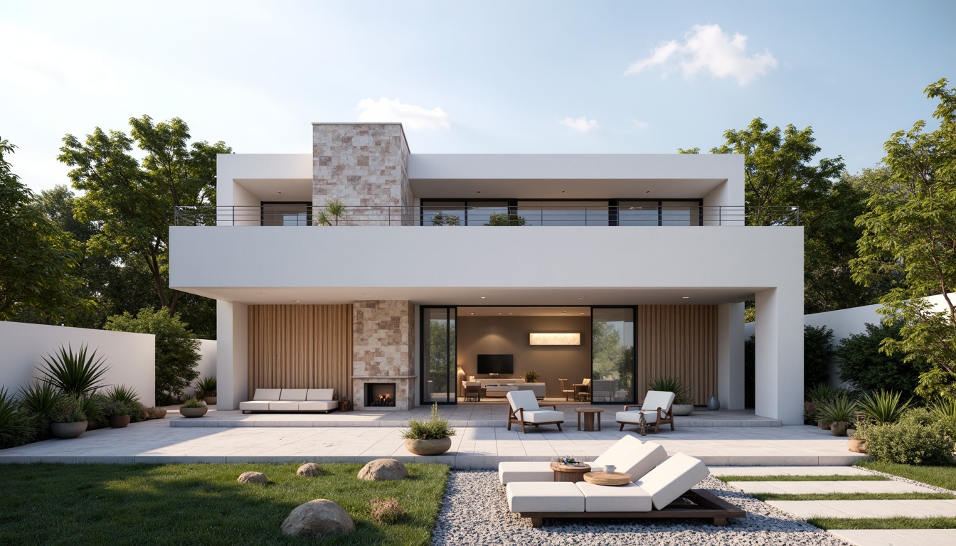 Prompt: Minimalist villa, clean lines, simple shapes, white stucco exterior, large windows, sliding glass doors, natural stone walls, wooden accents, horizontal wood slats, flat roofs, green roofs, succulent plants, gravel pathways, modern outdoor furniture, sleek metal railings, subtle lighting, warm ambient glow, soft shadows, 1/1 composition, realistic textures, ambient occlusion.