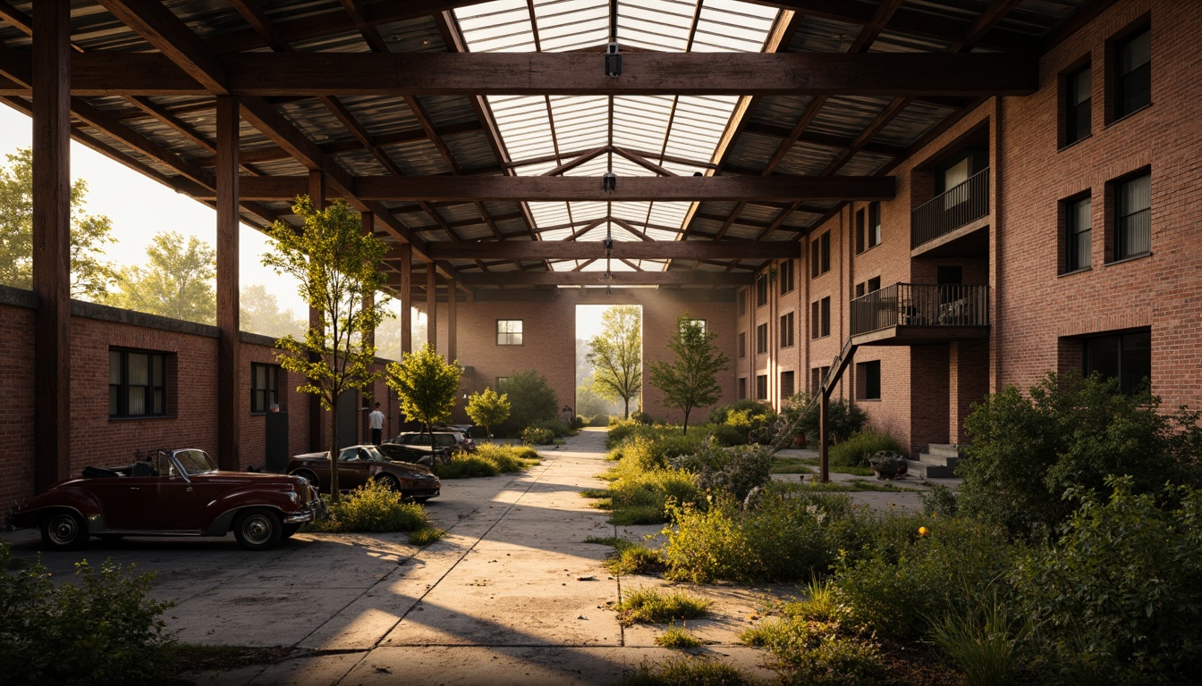 Prompt: Rustic industrial landscape, abandoned factories, distressed brick walls, corrugated metal roofs, worn wooden beams, vintage machinery, urban decay, overgrown vegetation, gritty urban atmosphere, warm golden lighting, shallow depth of field, 1/2 composition, cinematic view, realistic textures, ambient occlusion, nostalgic mood, retro-futuristic elements, exposed ductwork, concrete floors, steel columns, reclaimed wood accents, industrial chic aesthetic.