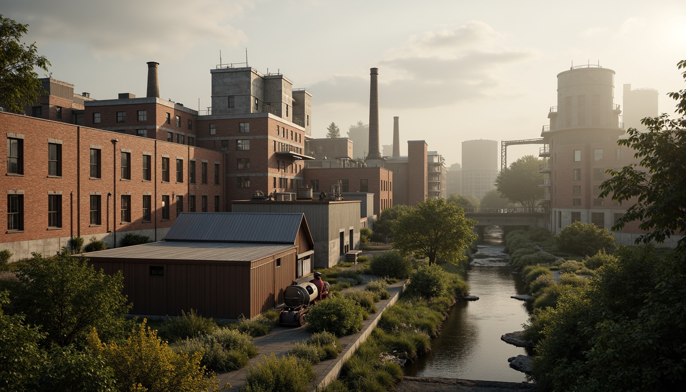 Prompt: Industrial factory complex, rustic brick buildings, corrugated metal roofs, worn concrete walls, vintage machinery, abandoned chimneys, overgrown vegetation, wildflowers, meandering streams, misty atmosphere, soft warm lighting, shallow depth of field, 3/4 composition, panoramic view, realistic textures, ambient occlusion, regionalist architectural style, functional simplicity, earthy color palette, distressed finishes, reclaimed wood accents, metal cladding, industrial heritage, nostalgic ambiance.