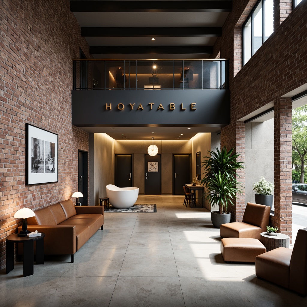 Prompt: Minimalist hotel lobby, industrial chic decor, exposed brick walls, polished concrete floors, steel beams, geometric patterns, bold typography, functional furniture, leather sofas, wooden chairs, metal lamps, abstract artwork, neutral color palette, natural light, airy atmosphere, open-plan layout, minimalist corridors, simple door handles, industrial-style elevators, modern amenities, sleek bathrooms, monochromatic tiles, freestanding tubs, rain showerheads, geometric mirrors, warm ambient lighting, shallow depth of field, 1/1 composition, realistic textures.