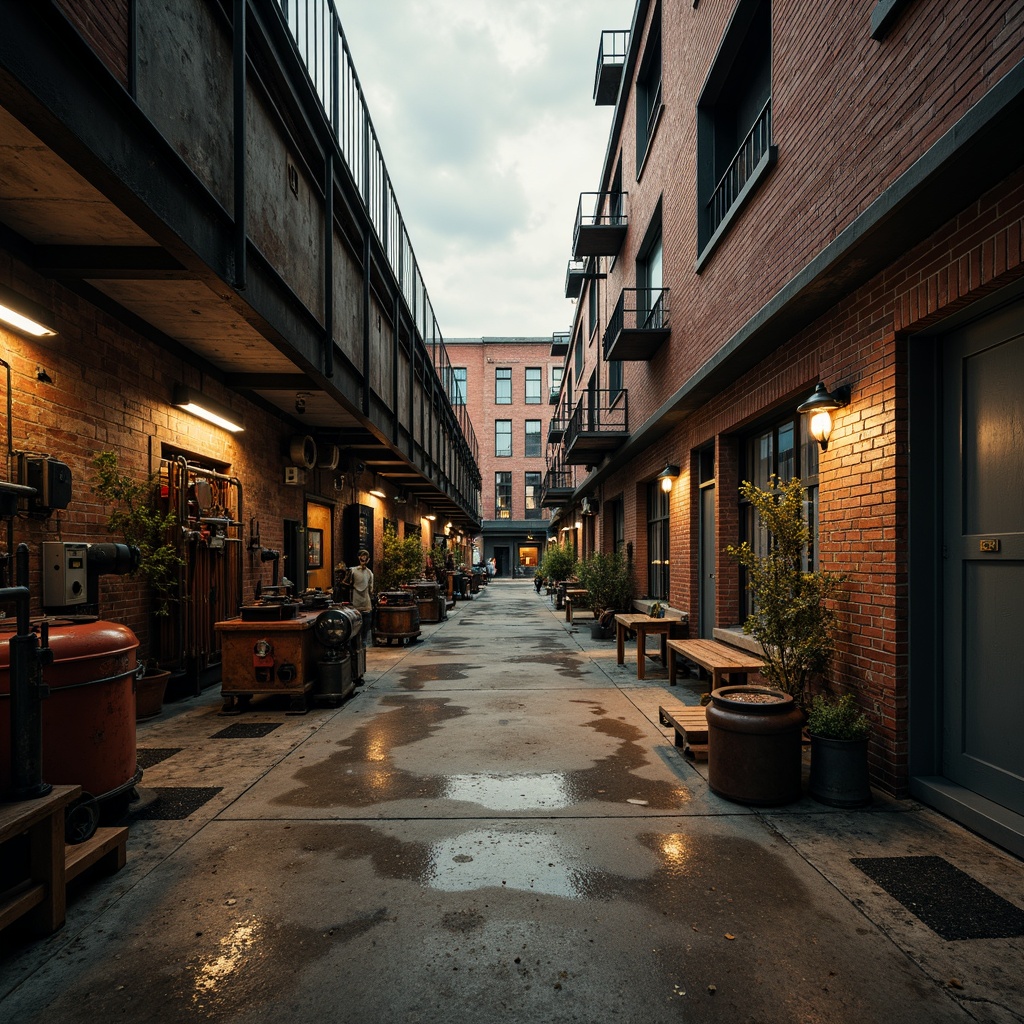 Prompt: Industrial factory setting, exposed brick walls, metal beams, worn wooden floors, distressed concrete textures, vintage machinery, rusty pipes, urban cityscape, cloudy grey skies, warm golden lighting, shallow depth of field, 1/2 composition, realistic materials, ambient occlusion, muted color palette, earthy tones, weathered steel blues, faded reds, industrial greens, creamy whites, rich browns.