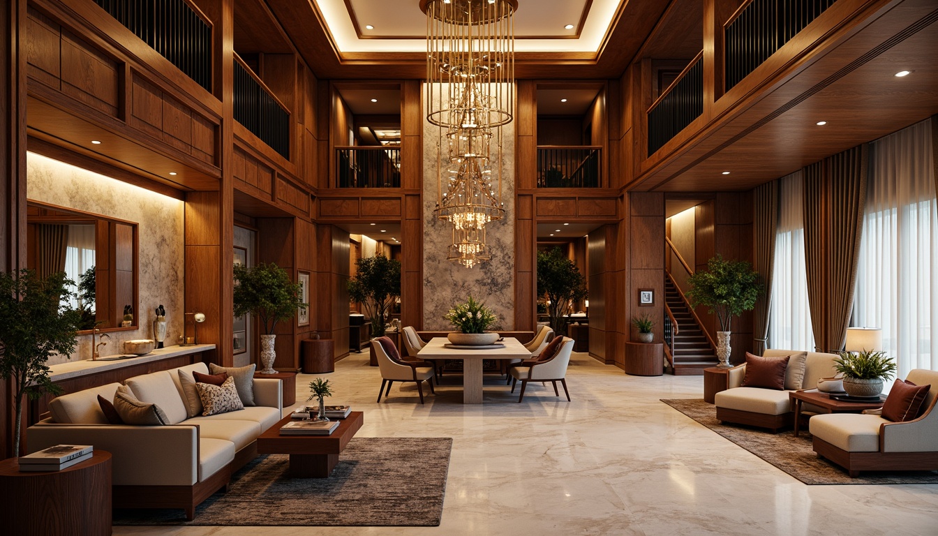 Prompt: Luxurious Art Deco apartment, opulent furnishings, rich wood paneling, metallic accents, ornate mirrors, lavish chandeliers, geometric patterns, bold color schemes, velvet drapes, marble floors, high ceilings, grand staircases, spacious living rooms, intimate dining areas, sleek kitchen islands, modern appliances, ample storage spaces, elegant bathrooms, freestanding tubs, rainfall showerheads, abundant natural light, soft warm glow, 1/1 composition, shallow depth of field, realistic textures, ambient occlusion.