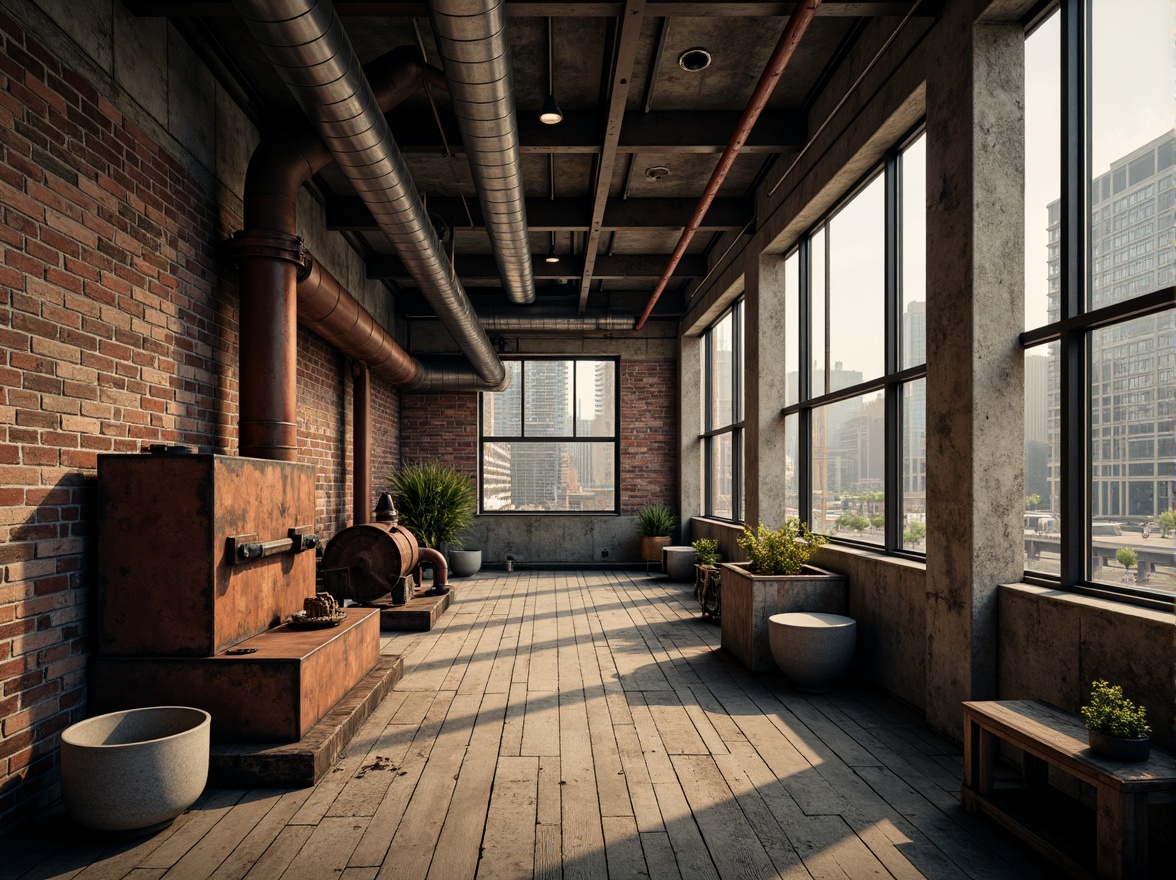 Prompt: Industrial factory setting, exposed brick walls, metal beams, worn wooden floors, distressed concrete textures, vintage machinery, rusty pipes, urban cityscape, cloudy grey skies, warm golden lighting, shallow depth of field, 1/2 composition, realistic materials, ambient occlusion, muted color palette, earthy tones, weathered steel blues, faded reds, industrial greens, creamy whites, rich browns.