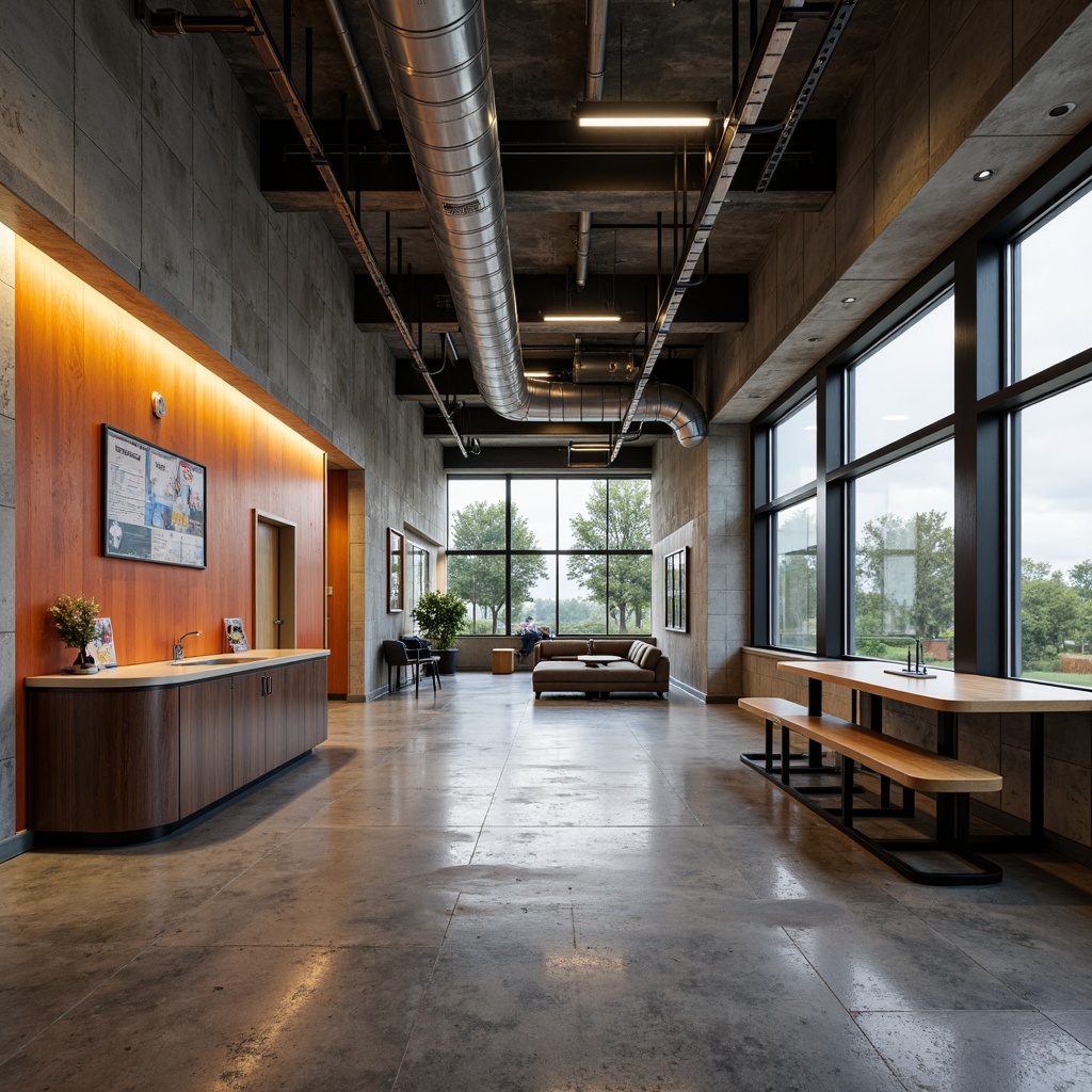 Prompt: Rough-hewn concrete walls, exposed ductwork, industrial metal beams, polished wooden accents, bold color blocking, natural stone flooring, brutalist architecture, middle school setting, educational murals, urban landscape views, overcast skies, dramatic shadows, high-contrast lighting, 1/1 composition, symmetrical framing, gritty textures, ambient occlusion.