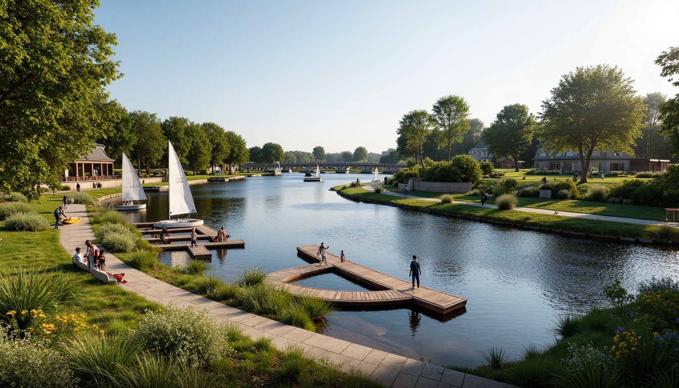 Prompt: Riverbank landscape, serene water flow, lush green vegetation, natural stone walls, wooden docks, sailboats, kayaks, paddleboards, scenic walking paths, benches, picnic areas, vibrant flowers, blooming trees, sunny day, soft warm lighting, shallow depth of field, 3/4 composition, panoramic view, realistic textures, ambient occlusion, gentle river breeze, misty atmosphere, rustic wooden bridges, meandering river streams, tranquil water reflections.