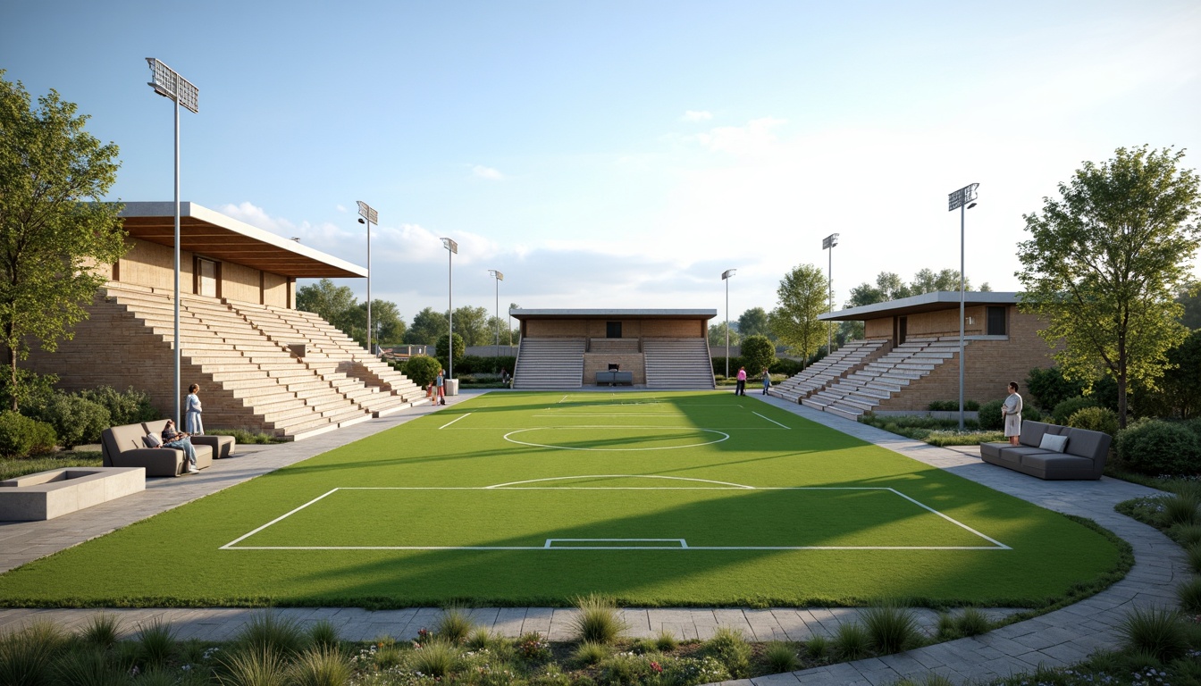 Prompt: Minimalist sports fields, lush green grass, subtle earthy tones, weathered wood bleachers, sleek metal goalposts, clean white lines, natural stone pathways, sparse trees, clear blue skies, warm sunny days, soft diffused lighting, shallow depth of field, 3/4 composition, panoramic view, realistic textures, ambient occlusion.