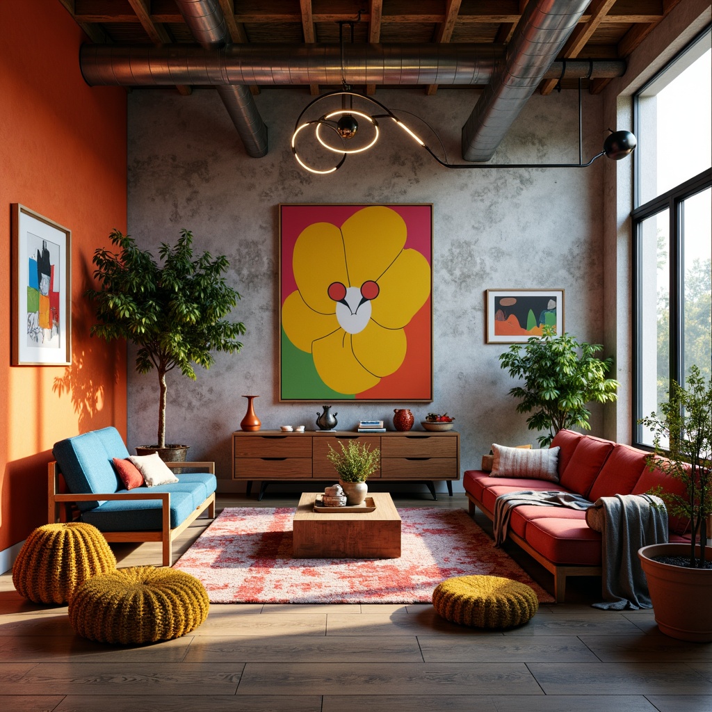 Prompt: Vibrant artistic studio, eclectic furniture, bold color blocking, contrasting textures, abstract artwork, statement lighting fixtures, industrial metal accents, reclaimed wood floors, bohemian-inspired rugs, natural stone walls, oversized windows, soft warm glow, shallow depth of field, 1/1 composition, realistic renderings, ambient occlusion.