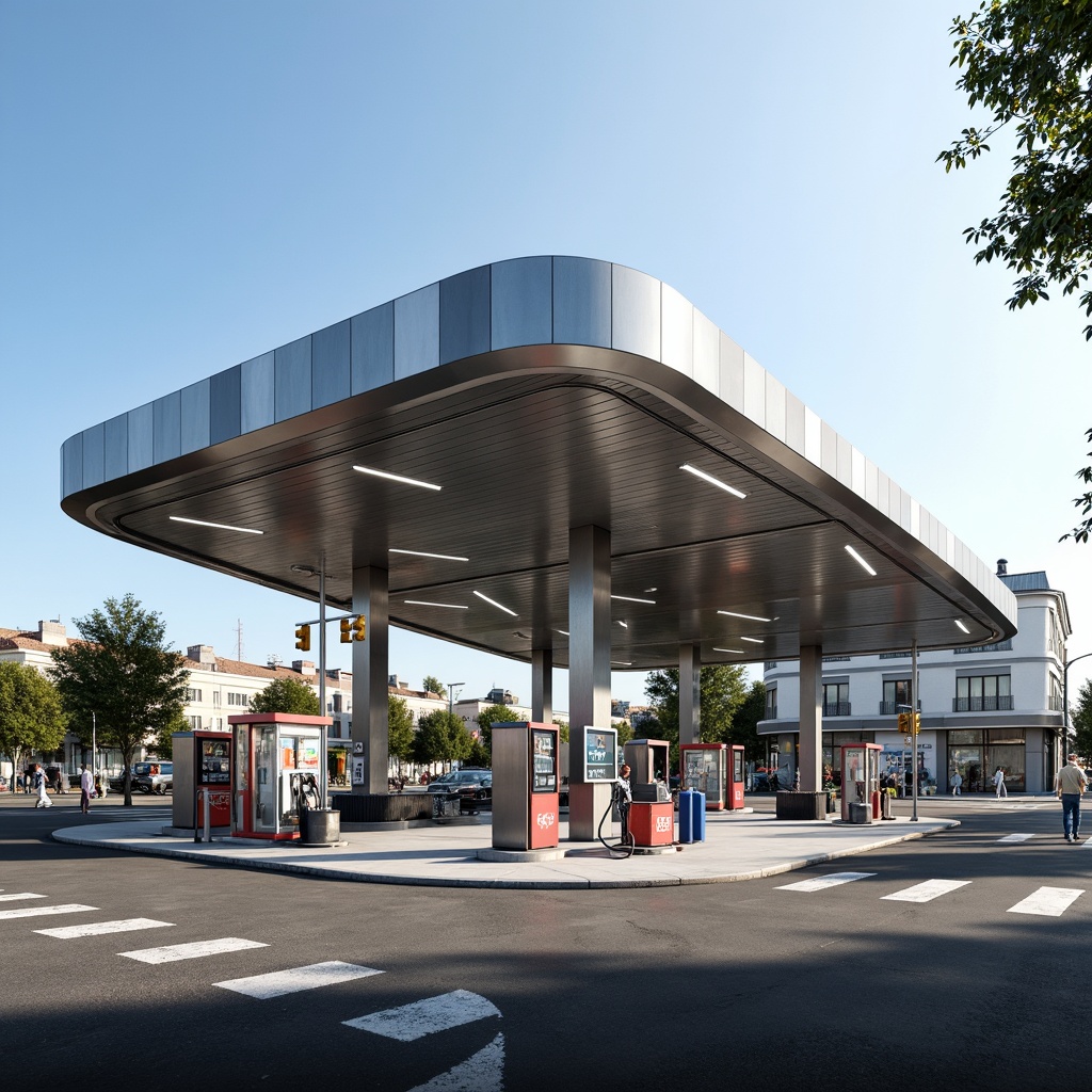 Prompt: Modern gas station, sleek canopy structure, minimalist design, angular lines, stainless steel beams, translucent roofing, natural ventilation, LED lighting, futuristic fuel pumps, digital signage, urban landscape, busy streets, morning sunlight, shallow depth of field, 1/1 composition, realistic textures, ambient occlusion.