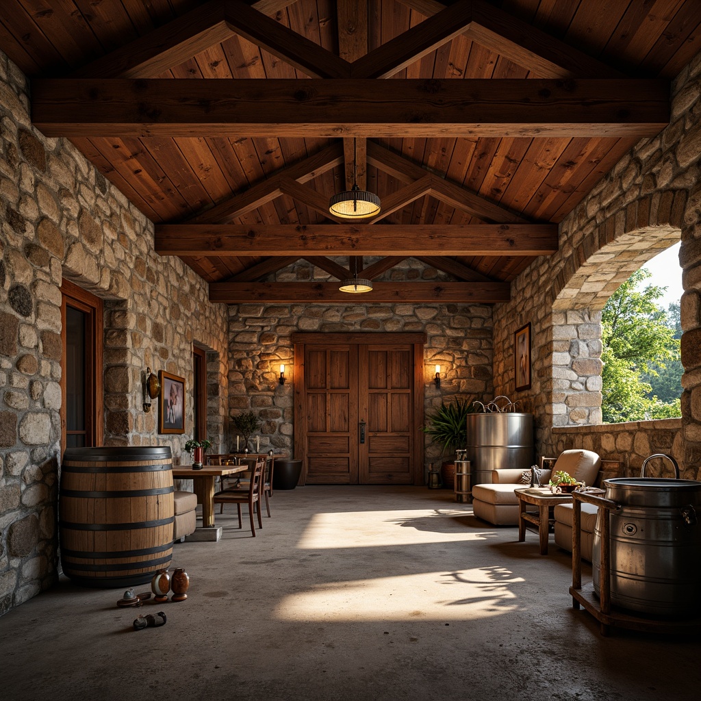 Prompt: Rustic winery building, wooden barrels, vintage wine-making equipment, stone walls, earthy tones, natural lighting, large wooden doors, metal accents, modern industrial touches, sleek steel tanks, stainless steel pipes, fermentation rooms, grape crushing machines, wine cellar, underground tunnels, dim warm lighting, shallow depth of field, 1/1 composition, realistic textures, ambient occlusion.