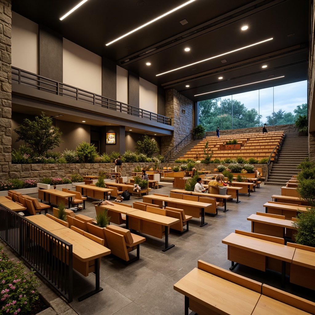 Prompt: Tiered seating, curved rows, wooden benches, academic atmosphere, natural stone walls, amphitheater-style architecture, modern minimalist design, sleek metal railings, warm soft lighting, shallow depth of field, 3/4 composition, panoramic view, realistic textures, ambient occlusion, lush greenery, vibrant flowers, educational signs, interactive whiteboards, collaborative learning spaces, comfortable cushions, ergonomic chair designs, adjustable armrests, built-in power outlets, USB charging stations.