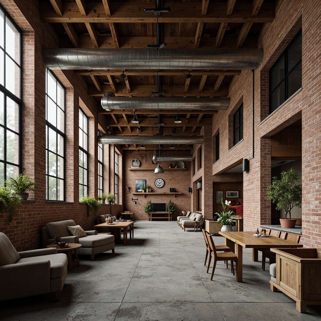 Prompt: Rustic industrial landscape, abandoned factories, worn brick walls, distressed metal roofs, reclaimed wood accents, earthy tones, natural textures, regional materials, local craftsmanship, exposed ductwork, concrete floors, steel beams, functional minimalism, industrial chic aesthetic, warm soft lighting, shallow depth of field, 1/1 composition, realistic renderings, ambient occlusion.