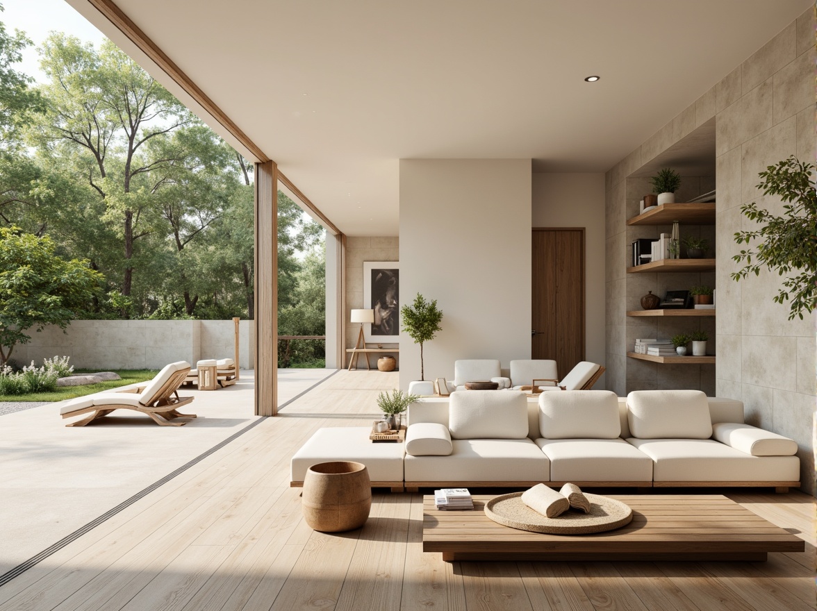 Prompt: Minimalist villa, clean lines, simple shapes, monochromatic color scheme, soft beige walls, creamy white accents, warm wooden floors, natural stone textures, lush greenery surroundings, serene atmosphere, abundant natural light, floor-to-ceiling windows, sliding glass doors, cozy reading nooks, built-in shelving units, subtle ambient lighting, 1/1 composition, shallow depth of field, realistic renderings.