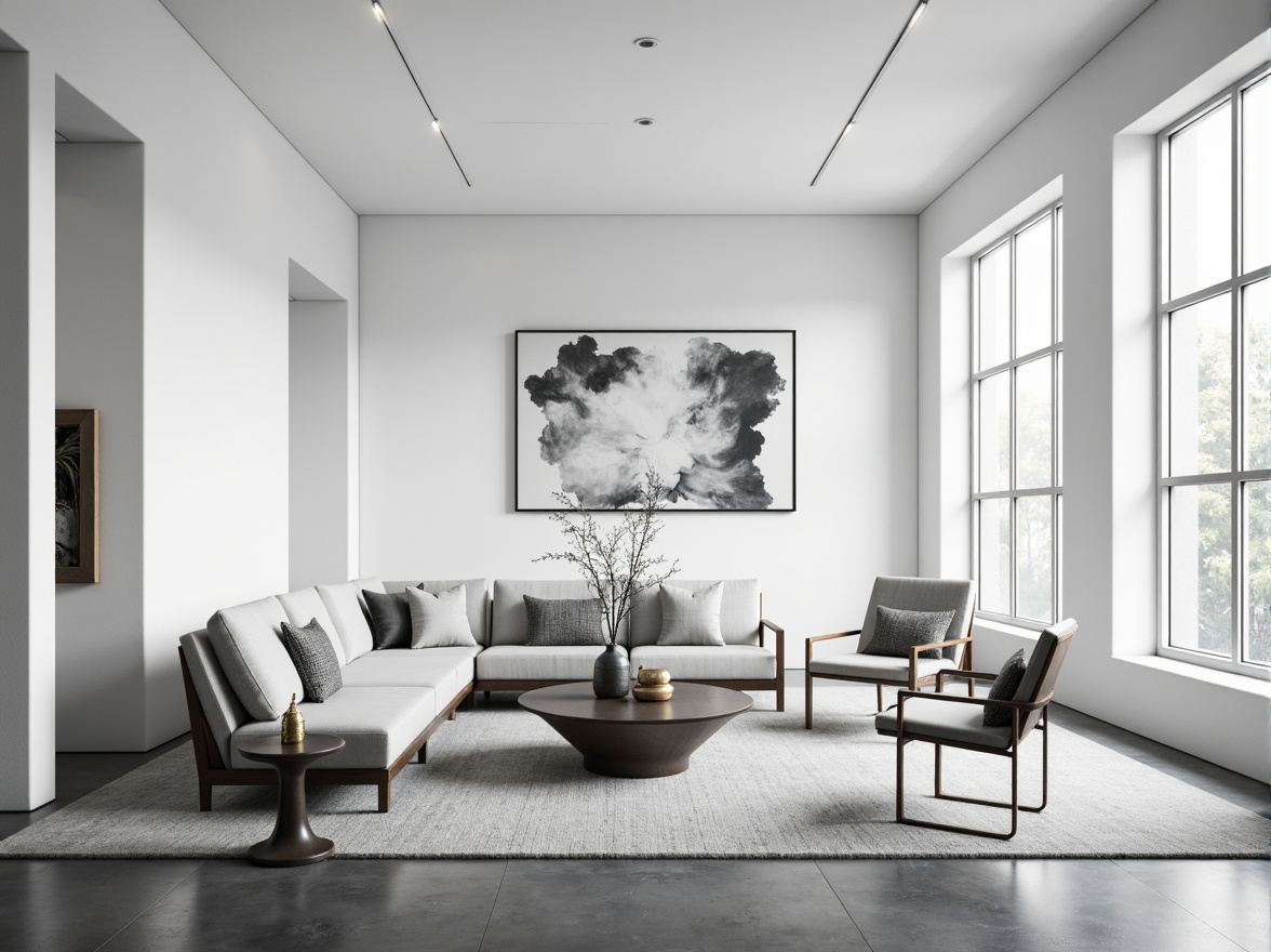 Prompt: Minimalist interior, clean lines, monochromatic color scheme, sleek furniture, low-profile sofas, geometric coffee tables, industrial metal chairs, polished concrete floors, large windows, abundant natural light, subtle textures, soft shadows, 1/1 composition, symmetrical framing, high-contrast lighting, abstract artwork, Scandinavian-inspired design.