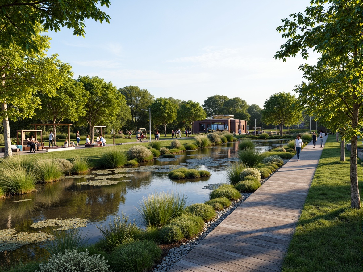 Prompt: Serene fitness club, natural wetland surroundings, lush greenery, tranquil water features, wooden boardwalks, native plant species, meandering streams, rustic stone pathways, modern outdoor exercise equipment, shaded workout areas, eco-friendly materials, sustainable design, abundant birdlife, warm sunny day, soft diffused lighting, shallow depth of field, 3/4 composition, panoramic view, realistic textures, ambient occlusion.