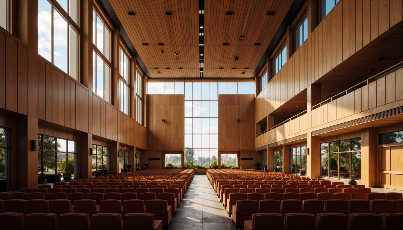 Prompt: Grand auditorium, high ceilings, expansive windows, natural light pouring in, warm wooden tones, comfortable seating, state-of-the-art sound systems, minimal ornamentation, sleek modern architecture, subtle color palette, soft diffused lighting, 1/1 composition, realistic textures, ambient occlusion.