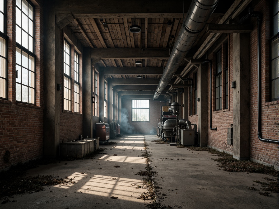 Prompt: Rustic industrial landscape, abandoned factories, distressed brick walls, metal beams, reclaimed wood accents, exposed ductwork, concrete floors, steel columns, urban decay, gritty textures, moody lighting, dramatic shadows, cinematic composition, 1/1 aspect ratio, high contrast, atmospheric fog, misty ambiance, functional pipes, mechanical equipment, industrial heritage, brutalist architecture, raw concrete forms, metallic tones, utilitarian design.