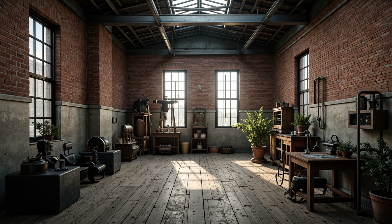 Prompt: Industrial factory setting, exposed brick walls, metal beams, worn wooden floors, vintage machinery, distressed textures, earthy tones, muted colors, rusty reds, weathered blues, faded yellows, industrial greys, urban atmosphere, gritty realism, high contrast lighting, dramatic shadows, cinematic composition, 1/2 camera angle, realistic renderings, ambient occlusion.