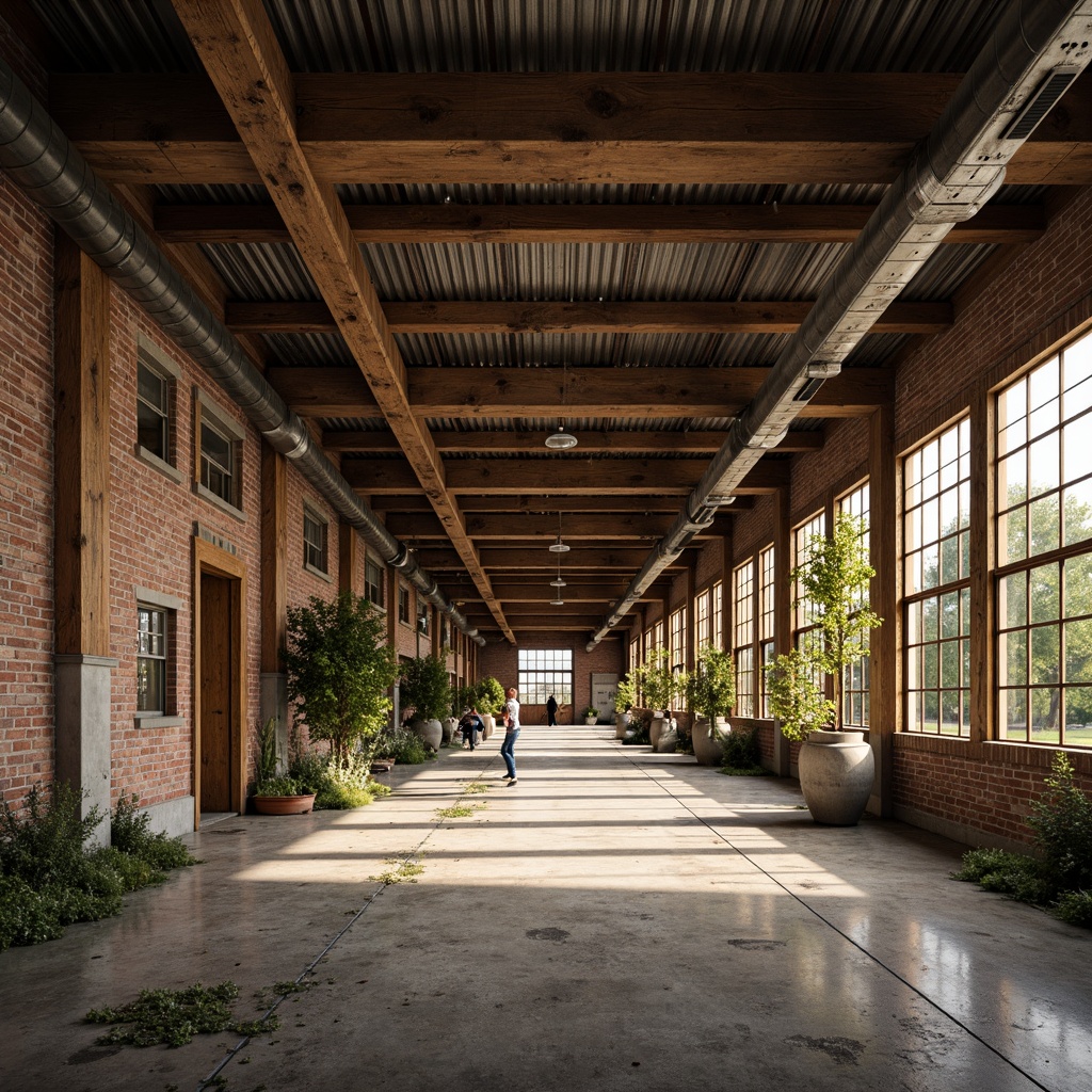 Prompt: Rustic industrial landscape, abandoned factories, worn brick walls, distressed metal roofs, reclaimed wood accents, earthy tones, natural textures, regional materials, local craftsmanship, exposed ductwork, concrete floors, steel beams, functional minimalism, industrial chic aesthetic, warm soft lighting, shallow depth of field, 1/1 composition, realistic renderings, ambient occlusion.