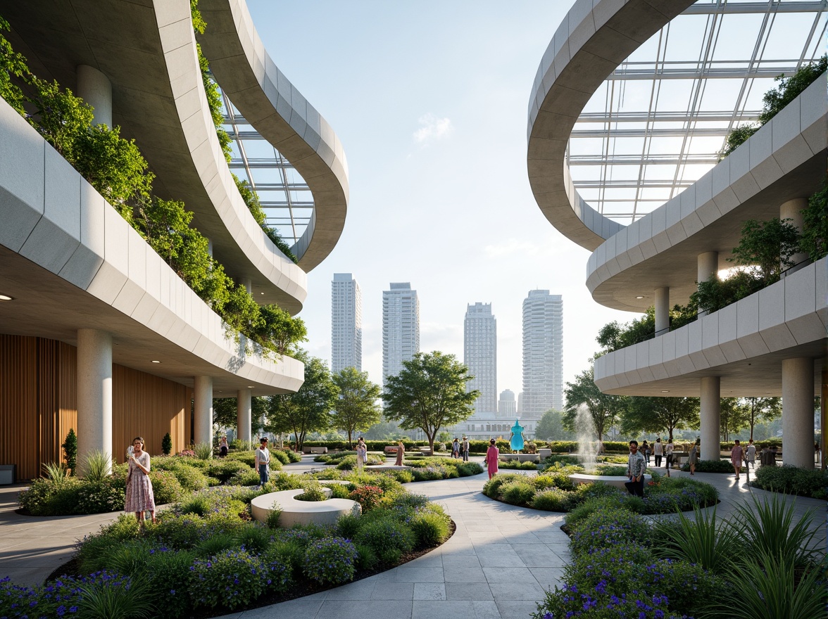 Prompt: Curved lines, minimalist design, open spaces, natural light, sleek metal structures, glass roofs, modernist architecture, futuristic vibes, urban landscape, cityscape views, morning sunlight, soft shadows, shallow depth of field, 1/1 composition, realistic textures, ambient occlusion, vibrant greenery, abstract sculptures, innovative materials, sustainable energy systems.