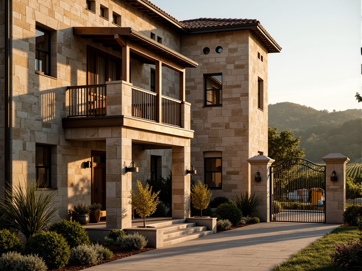 Prompt: Rustic winery facade, stone walls, wooden accents, ornate metalwork, grand entrance gates, vineyard views, rolling hills, Tuscan countryside, warm golden lighting, soft focus, shallow depth of field, 1/2 composition, symmetrical architecture, classic Renaissance style, arched windows, decorative cornices, rustic stonework, earthy tones, natural textures, ambient occlusion.