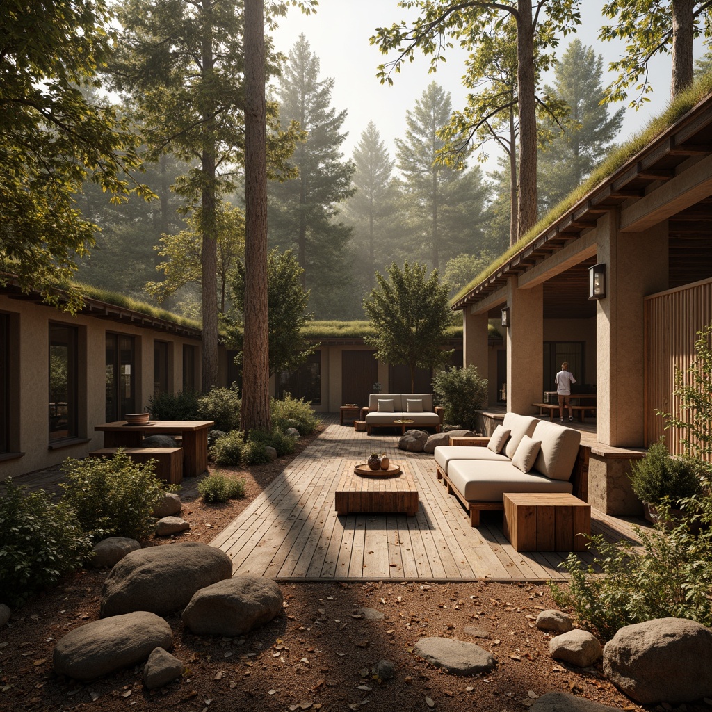 Prompt: Earthy cabin, wooden accents, natural stone walls, rustic brown furniture, woven textiles, earthy color palette, warm beige tones, soft sienna hues, moss-covered roofs, forest surroundings, misty morning, warm sunlight, shallow depth of field, 1/1 composition, realistic textures, ambient occlusion.