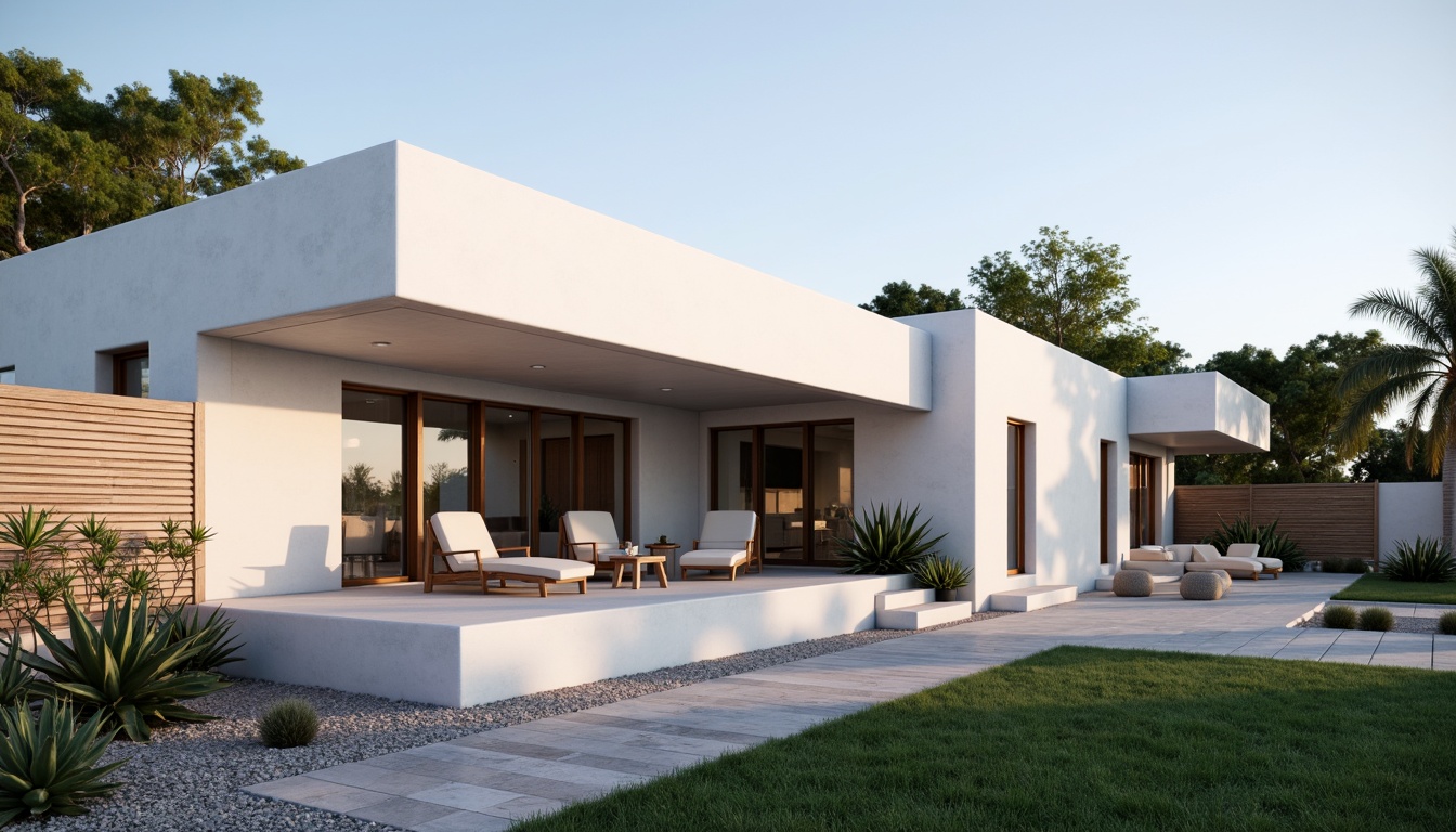 Prompt: Minimalist villa, clean lines, simple shapes, white stucco exterior, large windows, sliding glass doors, natural stone walls, wooden accents, horizontal wood slats, flat roofs, green roofs, succulent plants, gravel pathways, modern outdoor furniture, sleek metal railings, subtle lighting, warm ambient glow, soft shadows, 1/1 composition, realistic textures, ambient occlusion.