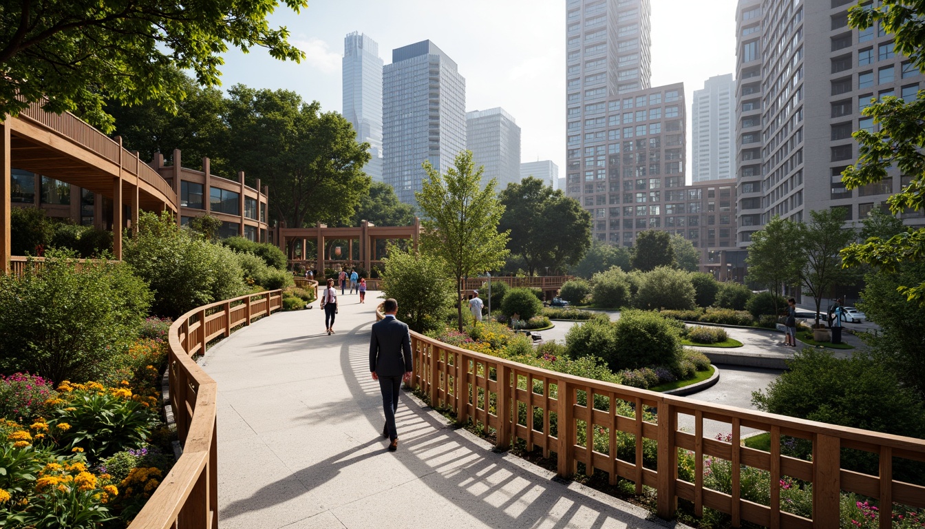 Prompt: Curved pedestrian bridge, lush greenery, vibrant flowers, natural stone walkways, wooden railings, modern architecture, sleek metal structures, glass floors, scenic city views, urban landscape integration, bustling streets, morning sunlight, soft warm lighting, shallow depth of field, 3/4 composition, panoramic view, realistic textures, ambient occlusion.