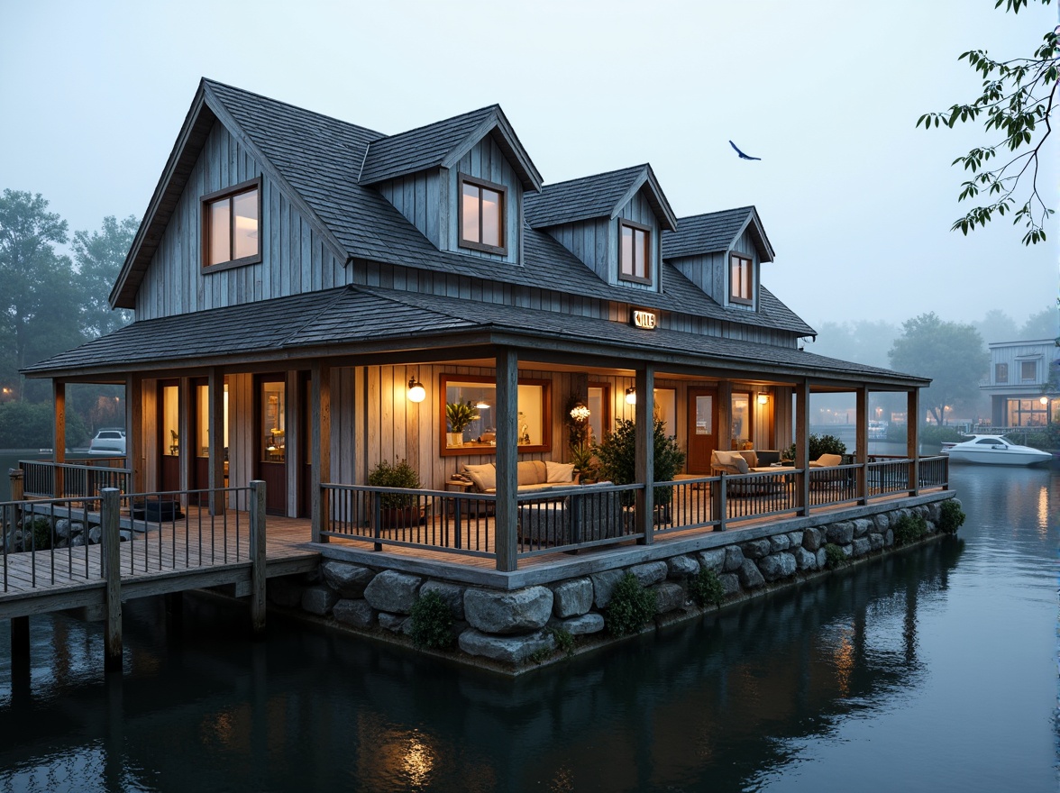 Prompt: Waterfront location, wooden dock, rustic boathouse, classic nautical theme, weathered wood accents, white trim details, pitched rooflines, dormer windows, natural stone foundation, ornate metal railings, lantern-style lighting, soft warm glow, misty morning atmosphere, shallow depth of field, 1/1 composition, realistic textures, ambient occlusion.