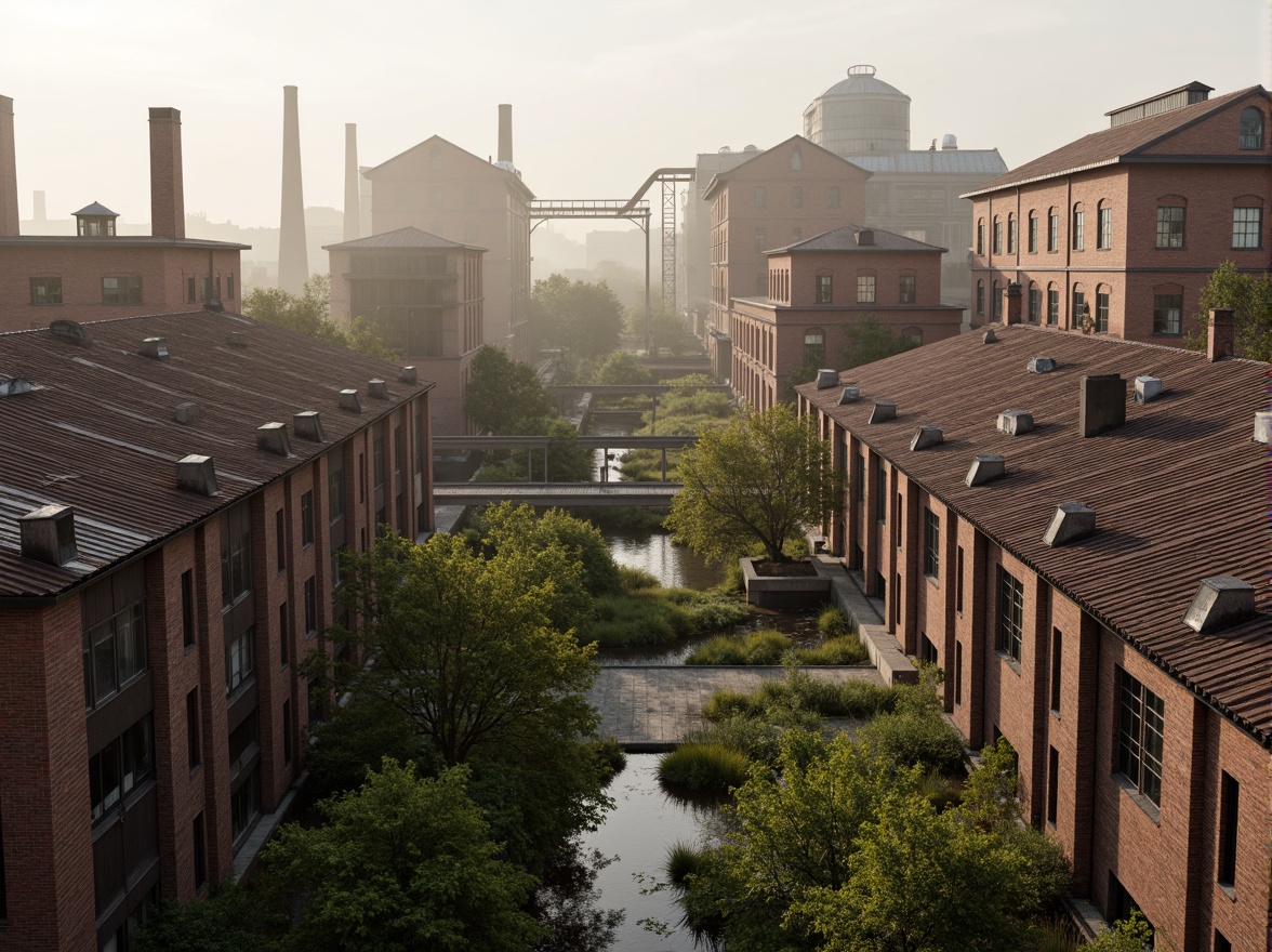 Prompt: Industrial factory complex, rustic brick buildings, corrugated metal roofs, worn concrete walls, vintage machinery, abandoned chimneys, overgrown vegetation, wildflowers, meandering streams, misty atmosphere, soft warm lighting, shallow depth of field, 3/4 composition, panoramic view, realistic textures, ambient occlusion, regionalism-inspired architecture, modern industrial design, functional spaces, exposed ductwork, metal catwalks, reclaimed wood accents, earthy color palette, natural stone pathways, weathered steel bridges.