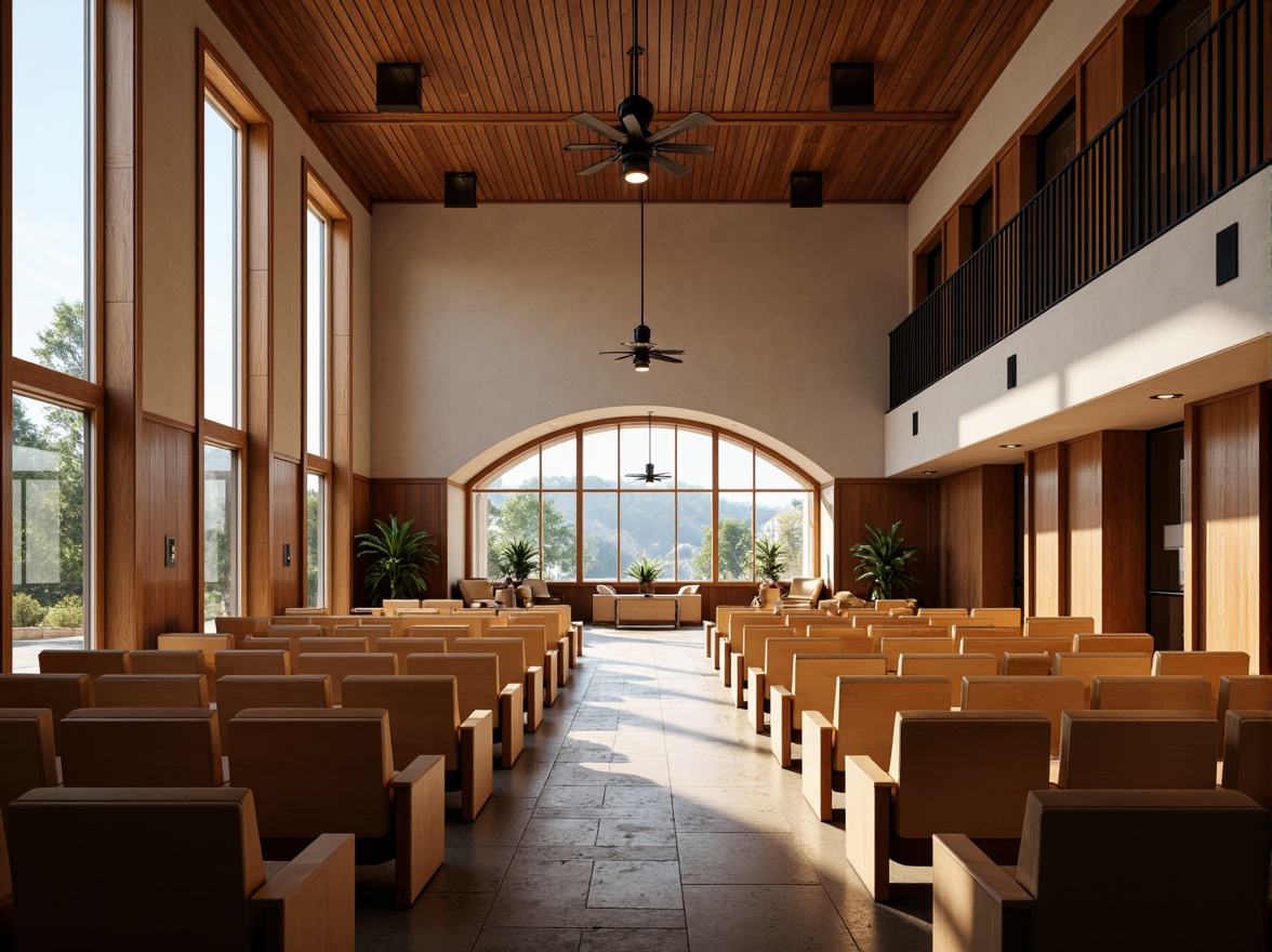 Prompt: Grand auditorium, high ceilings, expansive windows, natural light pouring in, warm wooden tones, comfortable seating, state-of-the-art sound systems, minimal ornamentation, sleek modern architecture, subtle color palette, soft diffused lighting, 1/1 composition, realistic textures, ambient occlusion.