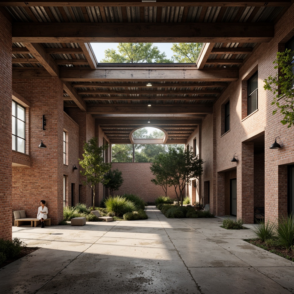 Prompt: Rustic industrial landscape, abandoned factories, worn brick walls, distressed metal roofs, reclaimed wood accents, earthy tones, natural textures, regional materials, local craftsmanship, exposed ductwork, concrete floors, steel beams, functional minimalism, industrial chic aesthetic, warm soft lighting, shallow depth of field, 1/1 composition, realistic renderings, ambient occlusion.