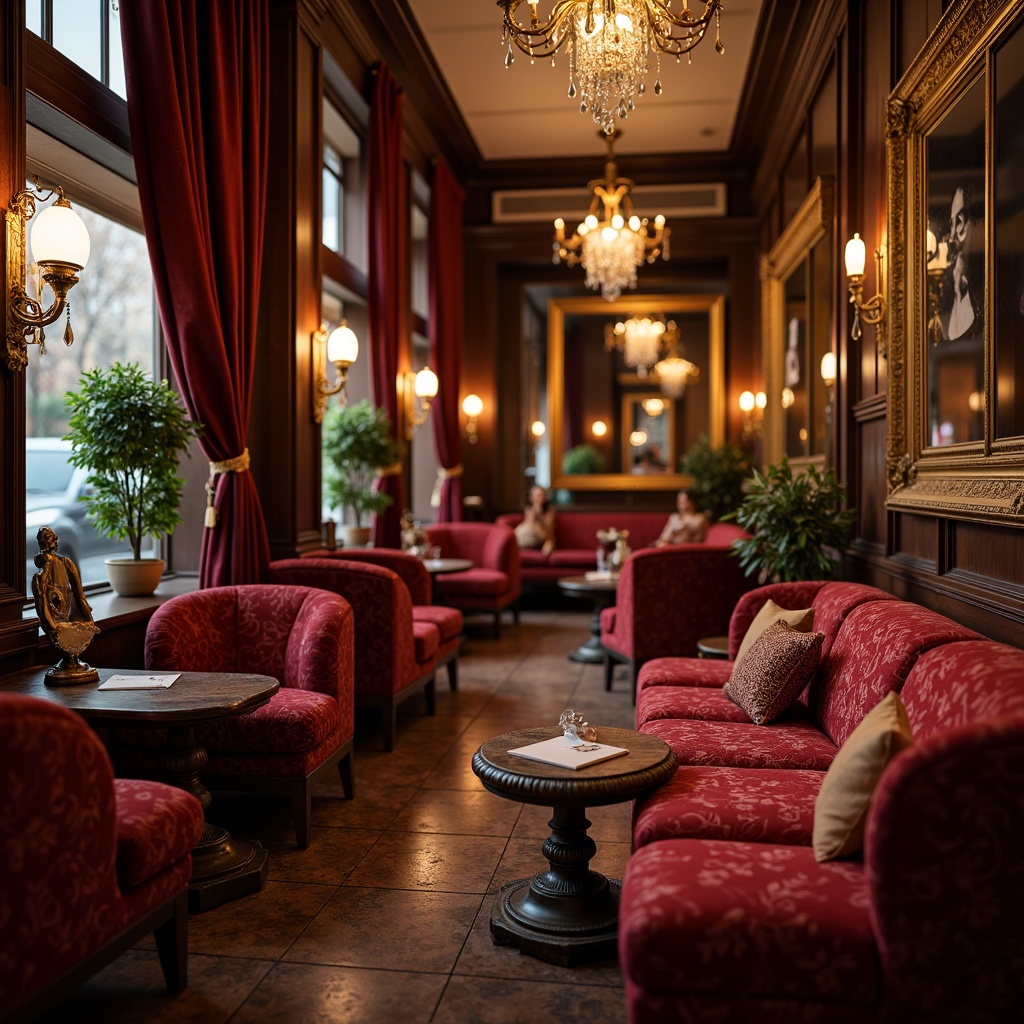 Prompt: Luxurious coffee shop interior, rich velvet fabrics, ornate golden frames, intricate brocade patterns, plush crimson sofas, lavish silk drapes, antique wooden accents, ornamental mirrors, crystal chandeliers, warm candlelight, soft focus, shallow depth of field, 1/2 composition, realistic textures, ambient occlusion.