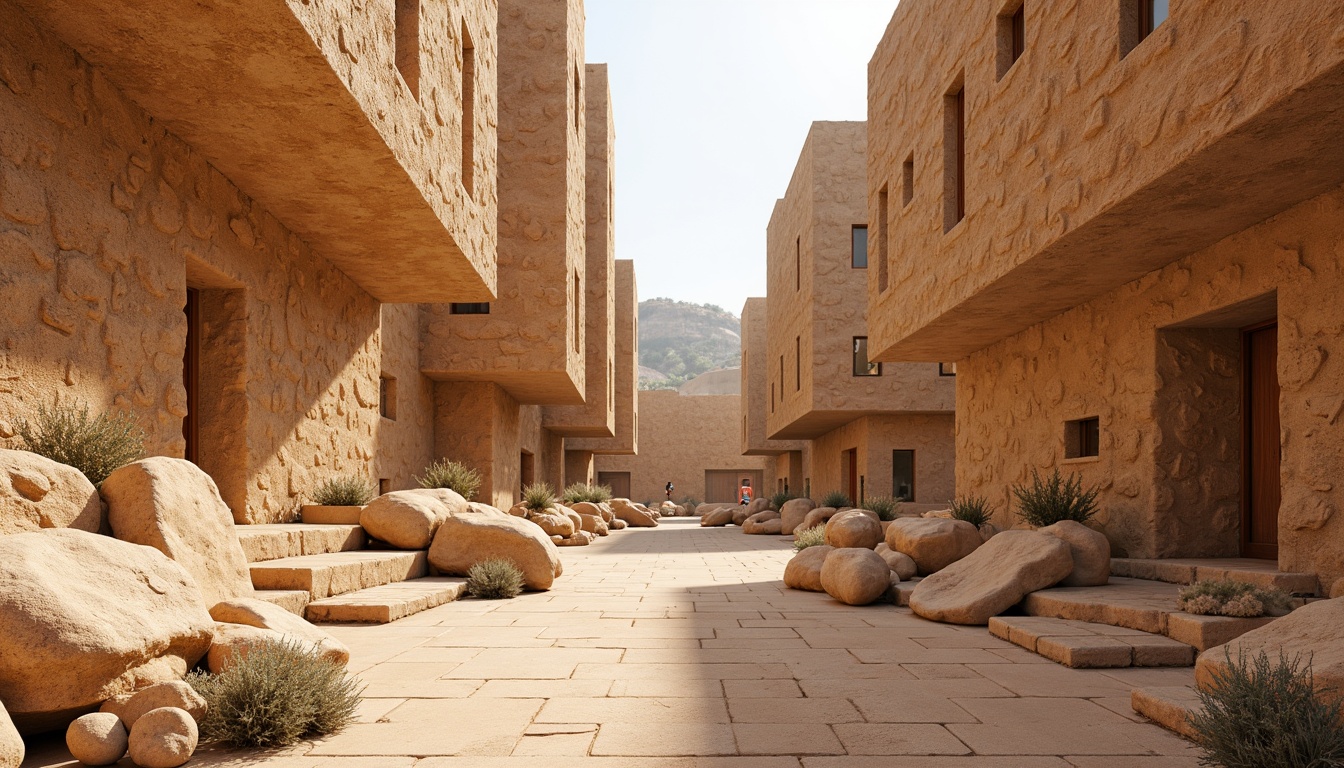 Prompt: Weathered sand-casted walls, rough stone textures, earthy tones, organic forms, natural erosion patterns, intricate rock formations, desert landscape, warm sunny day, soft diffused lighting, shallow depth of field, 3/4 composition, panoramic view, realistic textures, ambient occlusion.