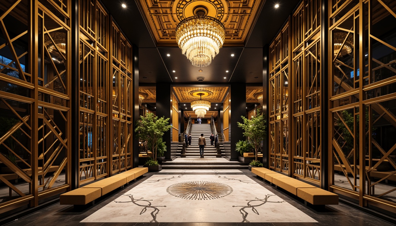 Prompt: Geometric metalwork, ornate bronze doors, luxurious marble floors, opulent chandeliers, stylized floral patterns, zigzag motifs, chevron designs, sunburst decorations, stepped silhouettes, curved lines, metallic accents, lavish furnishings, rich textiles, bold color schemes, dramatic lighting effects, low-angle shots, cinematic composition, high-contrast rendering, intricate details, ornate facades, grand staircases, majestic entrances.