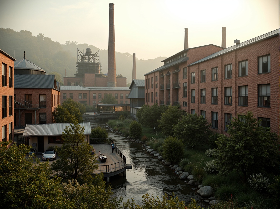 Prompt: Industrial factory complex, rustic brick buildings, corrugated metal roofs, worn concrete walls, vintage machinery, abandoned chimneys, overgrown vegetation, wildflowers, meandering streams, misty atmosphere, soft warm lighting, shallow depth of field, 3/4 composition, panoramic view, realistic textures, ambient occlusion, regionalism-inspired architecture, modern industrial design, functional spaces, exposed ductwork, metal catwalks, reclaimed wood accents, earthy color palette, natural stone pathways, weathered steel bridges.