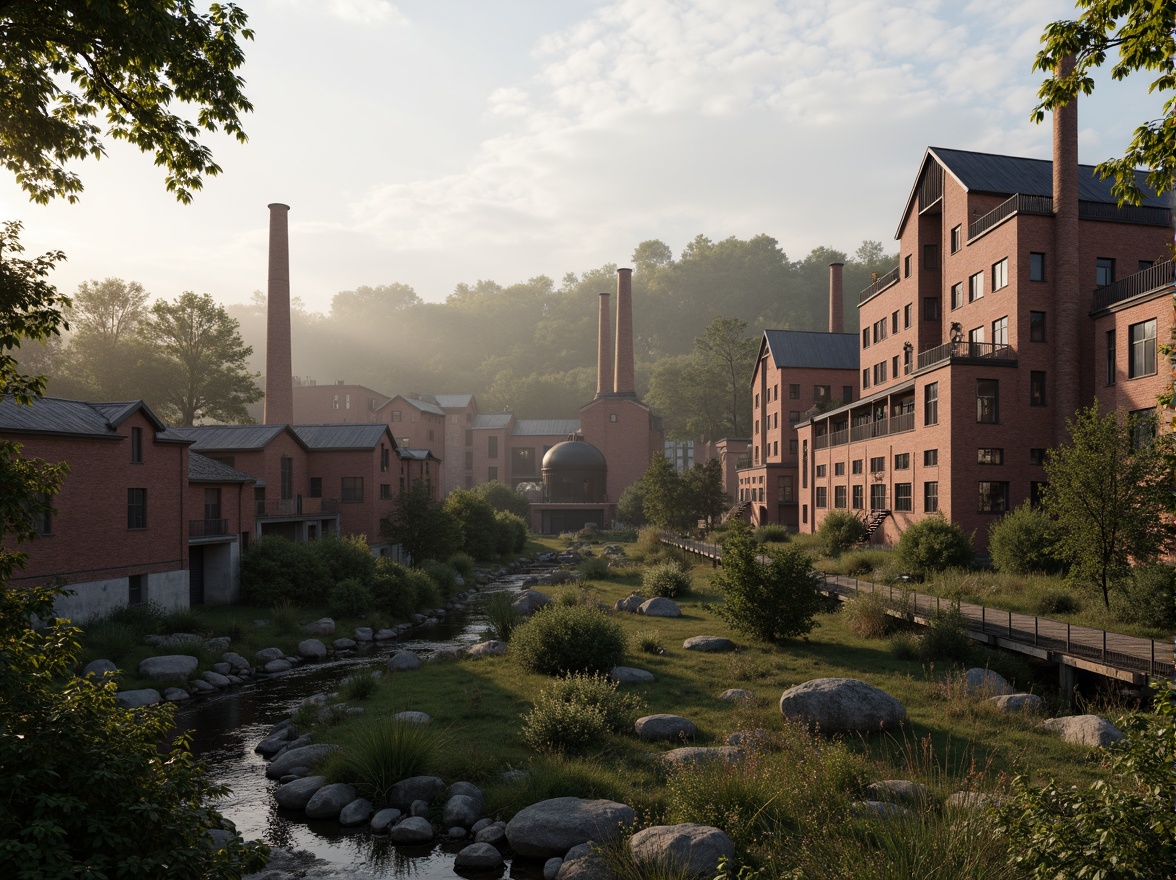 Prompt: Industrial factory complex, rustic brick buildings, corrugated metal roofs, worn concrete walls, vintage machinery, abandoned chimneys, overgrown vegetation, wildflowers, meandering streams, misty atmosphere, soft warm lighting, shallow depth of field, 3/4 composition, panoramic view, realistic textures, ambient occlusion, regionalism-inspired architecture, modern industrial design, functional spaces, exposed ductwork, metal catwalks, reclaimed wood accents, earthy color palette, natural stone pathways, weathered steel bridges.