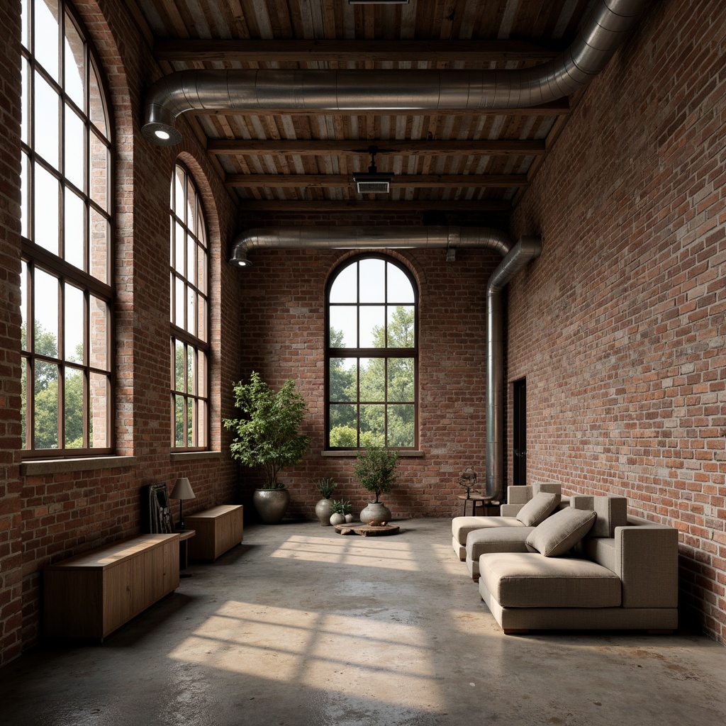 Prompt: Rustic industrial landscape, abandoned factories, worn brick walls, distressed metal roofs, reclaimed wood accents, earthy tones, natural textures, regional materials, local craftsmanship, exposed ductwork, concrete floors, steel beams, functional minimalism, industrial chic aesthetic, warm soft lighting, shallow depth of field, 1/1 composition, realistic renderings, ambient occlusion.