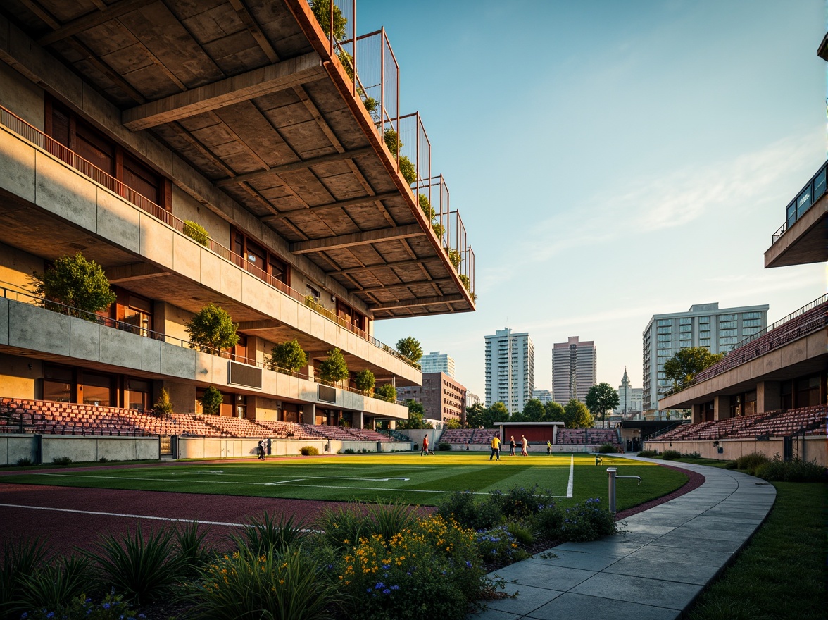 Prompt: Vibrant stadium, expressionist architecture, bold concrete structures, rough stone walls, rusty metal beams, distressed wood accents, abstract geometric patterns, dynamic lighting effects, intense color contrasts, dramatic shadows, atmospheric misting systems, lush greenery, artificial turf, sports equipment, goalposts, bleachers, spectator seats, urban cityscape backdrop, warm golden hour, cinematic composition, shallow depth of field, realistic textures, ambient occlusion.