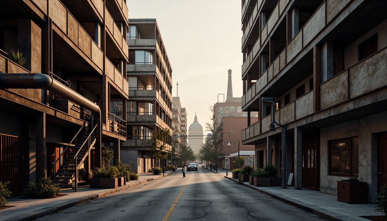 Prompt: Industrial landscape, rugged concrete roads, metallic buildings, exposed ductwork, steel beams, industrial pipes, mechanical equipment, urban cityscape, misty atmosphere, warm golden lighting, shallow depth of field, 2/3 composition, realistic textures, ambient occlusion, muted color palette, earthy tones, rusty reds, deep blues, weathered wood accents, distressed metal finishes, functional design elements.