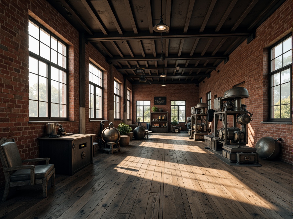 Prompt: Industrial factory setting, exposed brick walls, metal beams, worn wooden floors, vintage machinery, distressed textures, earthy tones, muted colors, rusty reds, weathered blues, faded yellows, industrial greys, urban atmosphere, gritty realism, high contrast lighting, dramatic shadows, cinematic composition, 1/2 camera angle, realistic renderings, ambient occlusion.