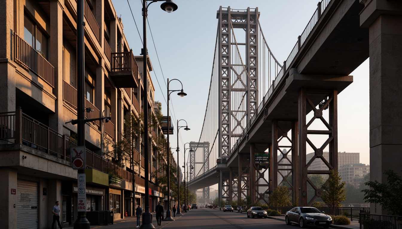 Prompt: Rustic steel bridges, industrial architecture, exposed beams, reinforced concrete pillars, suspension cables, metallic latticework, urban cityscape, misty morning atmosphere, soft warm lighting, shallow depth of field, 3/4 composition, panoramic view, realistic textures, ambient occlusion, intricate structural details, geometric patterns, modern engineering marvels, safety inspection equipment, construction cranes, warning signs, safety nets.