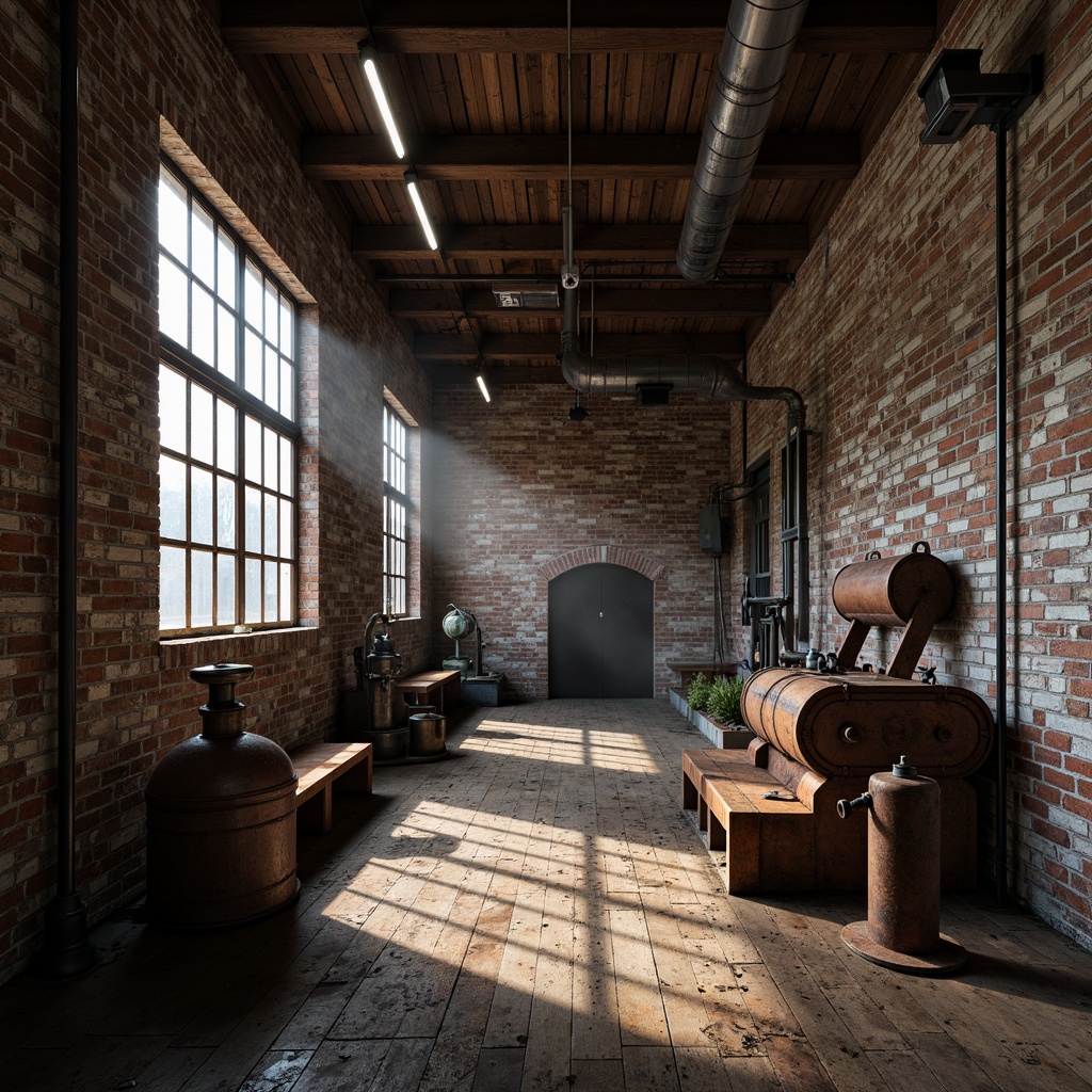 Prompt: Industrial factory setting, exposed brick walls, metal beams, worn wooden floors, vintage machinery, distressed textures, earthy tones, muted colors, rusty reds, weathered blues, faded yellows, industrial greys, urban atmosphere, gritty realism, high contrast lighting, dramatic shadows, cinematic composition, 1/2 camera angle, realistic renderings, ambient occlusion.