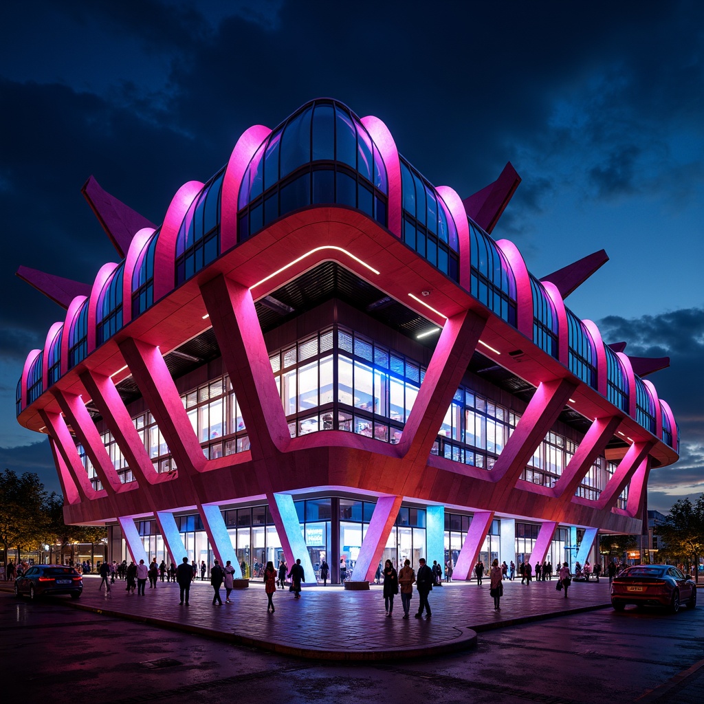 Prompt: Vibrant stadium facade, dynamic curves, bold angular lines, futuristic expressionist architecture, neon-lit LED lights, abstract geometric patterns, irregular shapes, clashing colors, distorted proportions, oversized arches, sweeping cantilevers, dramatic shadows, high-contrast lighting, 1/2 composition, low-angle shot, cinematic atmosphere, realistic materials, ambient occlusion.