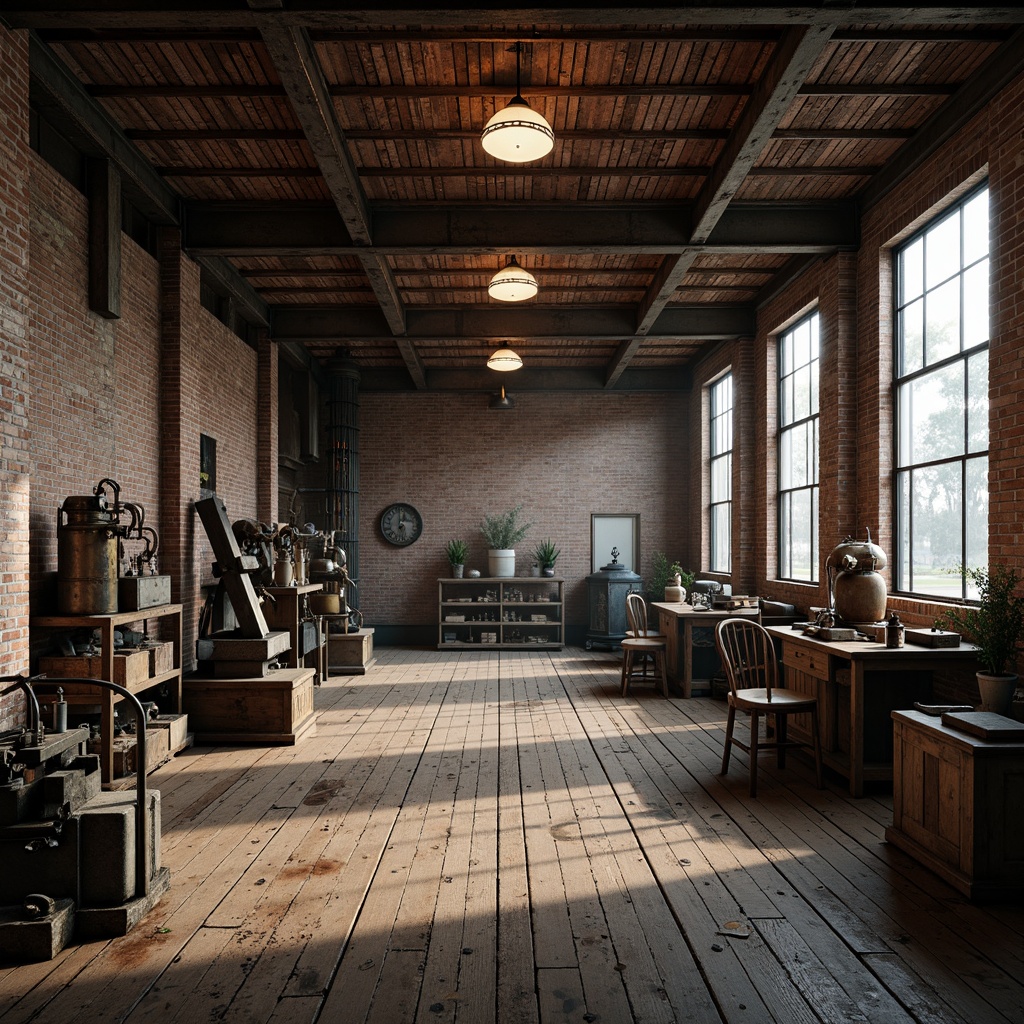 Prompt: Industrial factory setting, exposed brick walls, metal beams, worn wooden floors, vintage machinery, distressed textures, earthy tones, muted colors, rusty reds, weathered blues, faded yellows, industrial greys, urban atmosphere, gritty realism, high contrast lighting, dramatic shadows, cinematic composition, 1/2 camera angle, realistic renderings, ambient occlusion.