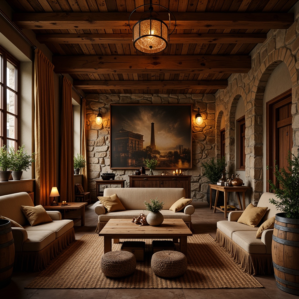 Prompt: Rustic winery interior, earthy tone fabrics, natural fiber upholstery, woven baskets, wooden accents, stone walls, dim warm lighting, cozy atmosphere, plush area rugs, rich velvet drapes, metallic accents, wine barrel decorations, vintage wine-making equipment, distressed wood tables, comfortable lounge seating, soft candlelight, shallow depth of field, 1/1 composition, realistic textures, ambient occlusion.